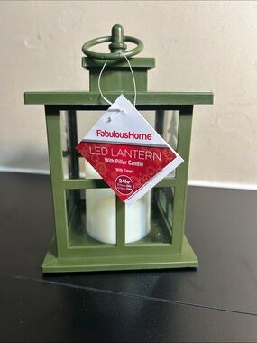 FabulousHome Sage Green LED Lantern with Flickering Candle